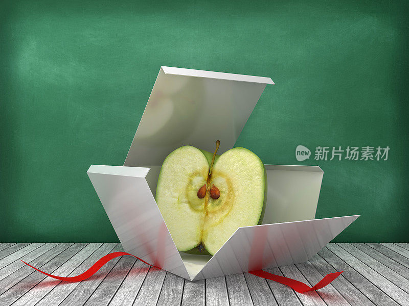 礼品盒与苹果在黑板上的背景- 3D渲染